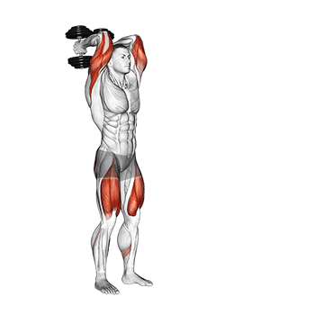 Animated demonstration of the dumbbell forward lunge triceps extension exercise, targeting the Triceps using Dumbbell.