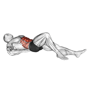 Animated demonstration of the curl-up exercise, targeting the Abs using Body weight.