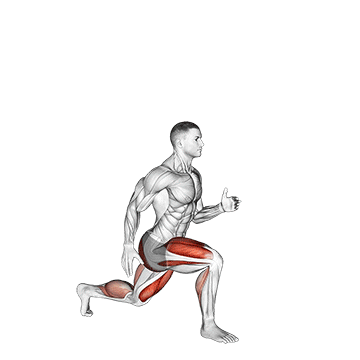 Animated demonstration of the lunge with jump exercise, targeting the Glutes using Body weight.