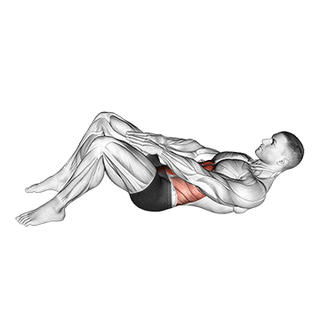 Animated demonstration of the knee touch crunch exercise, targeting the Abs using Body weight.