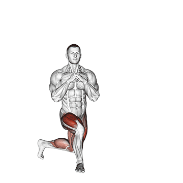 Animated demonstration of the curtsey squat exercise, targeting the Glutes using Body weight.